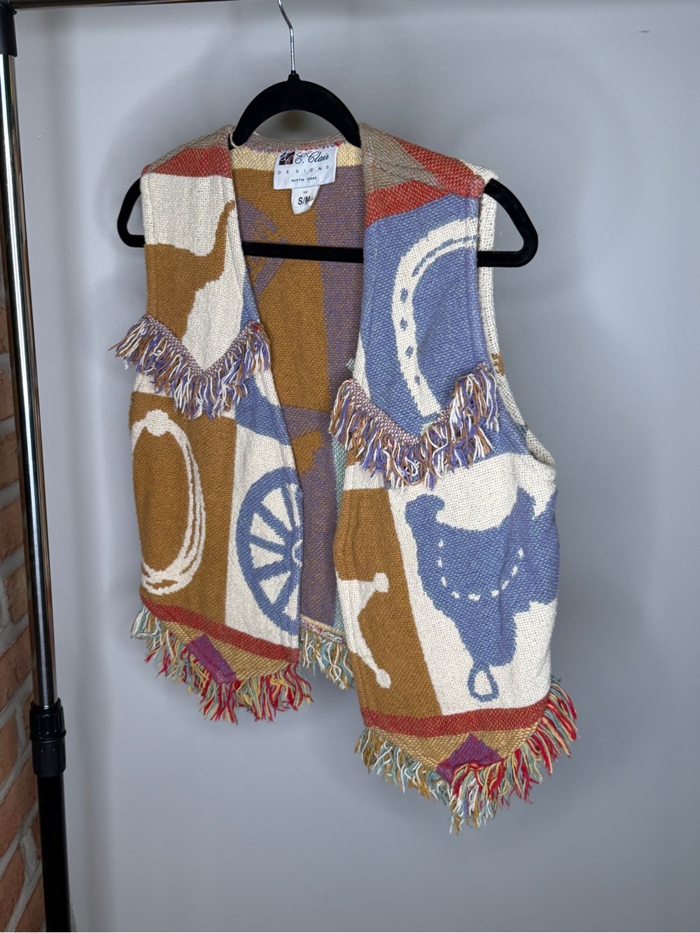 Vintage Country Western Rodeo Fringe Blanket Vest - Cream, Blue, Brown
